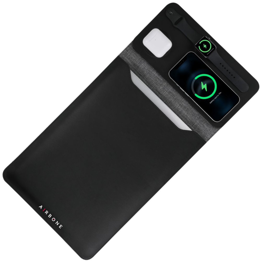 Compact Laptop Sleeve/Case with Built-in 20W USB-C Wireless Charger for 3 Devices. Use as 5-in-1 Sleeve (fits up to 15" MacBook Pro), Mouse pad, mat, Wireless Charger & Accessory Pocket – Black