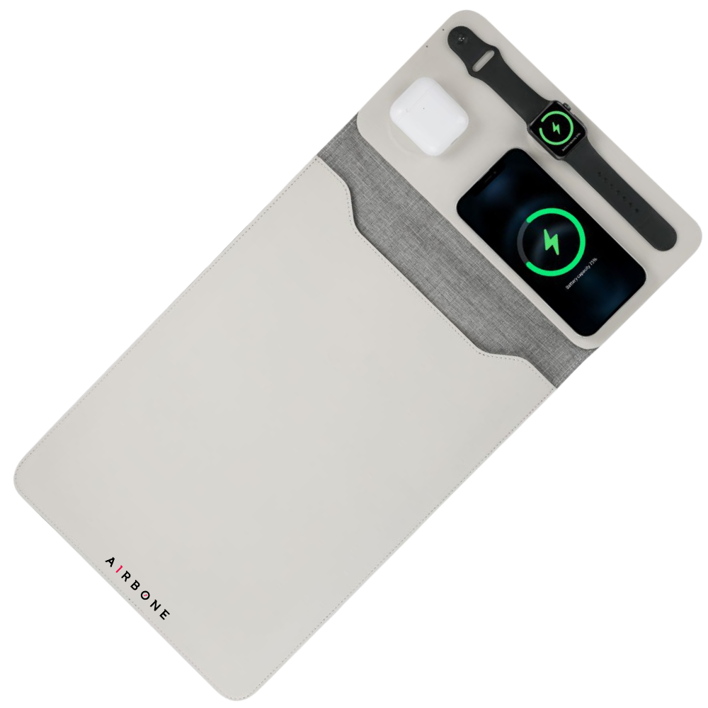 Compact Laptop Sleeve/Case with Built-in 20W USB-C Wireless Charger for 3 Devices. Use as 5-in-1 Sleeve (fits up to 15" MacBook Pro), Mouse pad, mat, Wireless Charger & Accessory Pocket - Beige