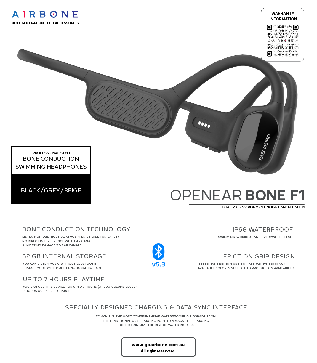 Open ear F1 Bone Conduction IP68 Enhanced Bass Headphone with 32GB Memory - Black