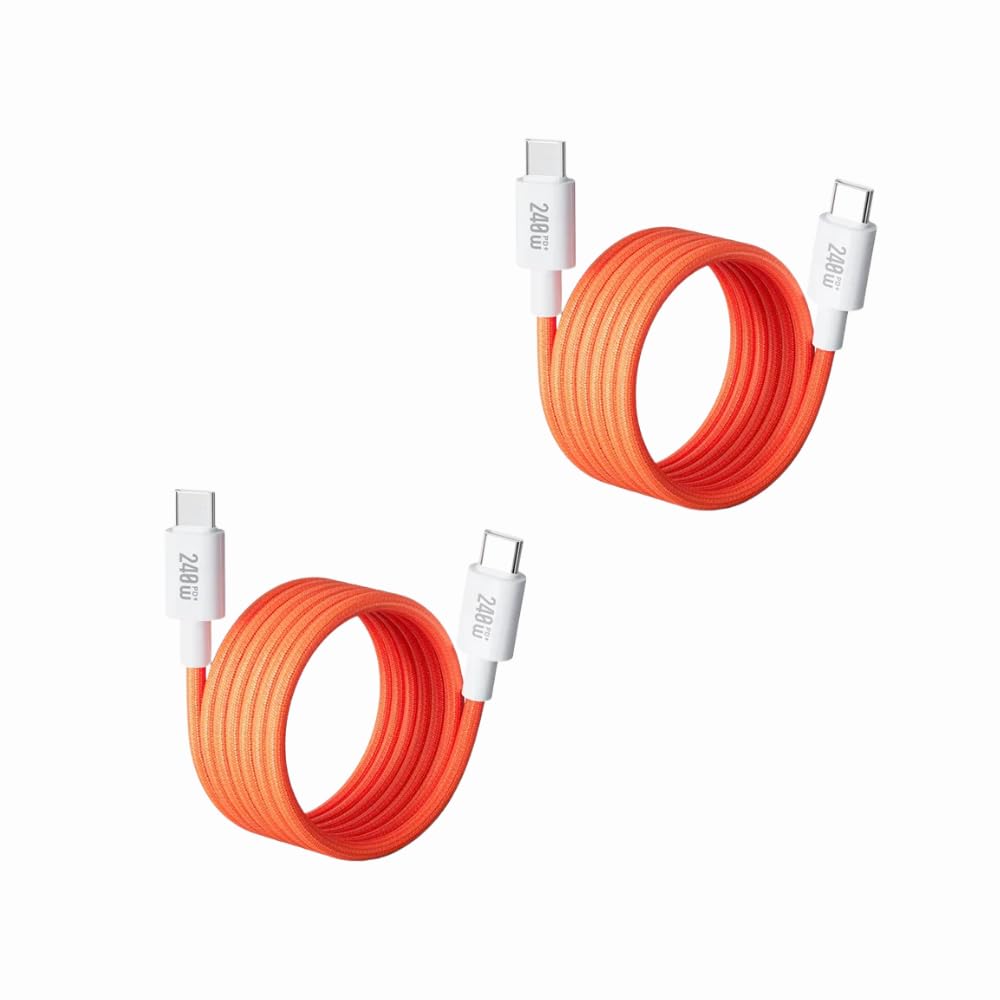 AIRBONE Magnetic Braided Cable USB-C to USB-C Charging Cable Easily Foldable Loop with Flexible Magnet Coil up to 240W PD3.1 Fast Charging 480Mbps Data Transfer (1m) - 2 Pack (Orange)