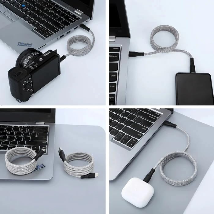 AIRBONE Grey Magnetic Braided Cable USB-C to USB-C Charging Cable | Easily Foldable Loop | Flexible Braided Magnet Coil | Power Delivery Up to 65W Max and 480Mbps Data Transfer Speed (1 Unit of 1M)