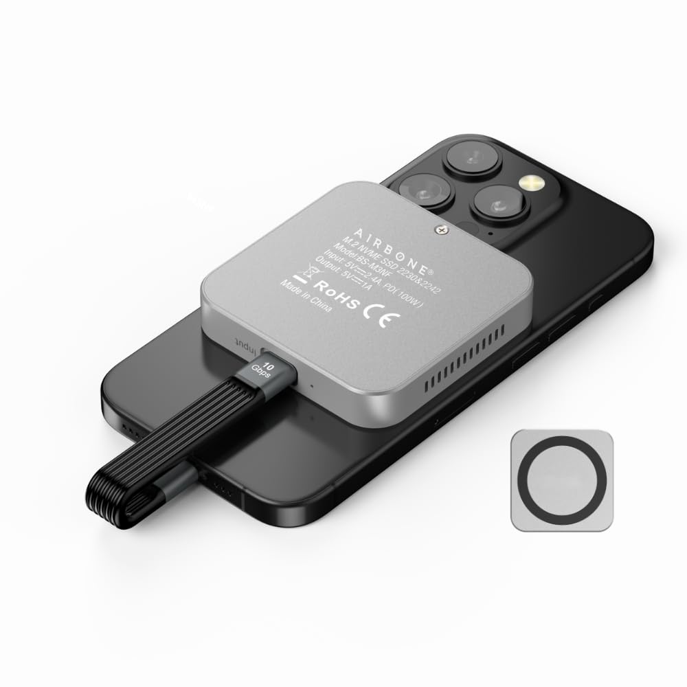 AIRBONE Snap & CoolPD 10Gbps SSD Enclosure | USB 3.1 Type-C, PD 100W Charging | Supports 2230/2242 M.2 NVMe B+M/M-Key up to 4TB | Aluminium Build & Fan Cooling | Magnetic Snap | M3NF Model