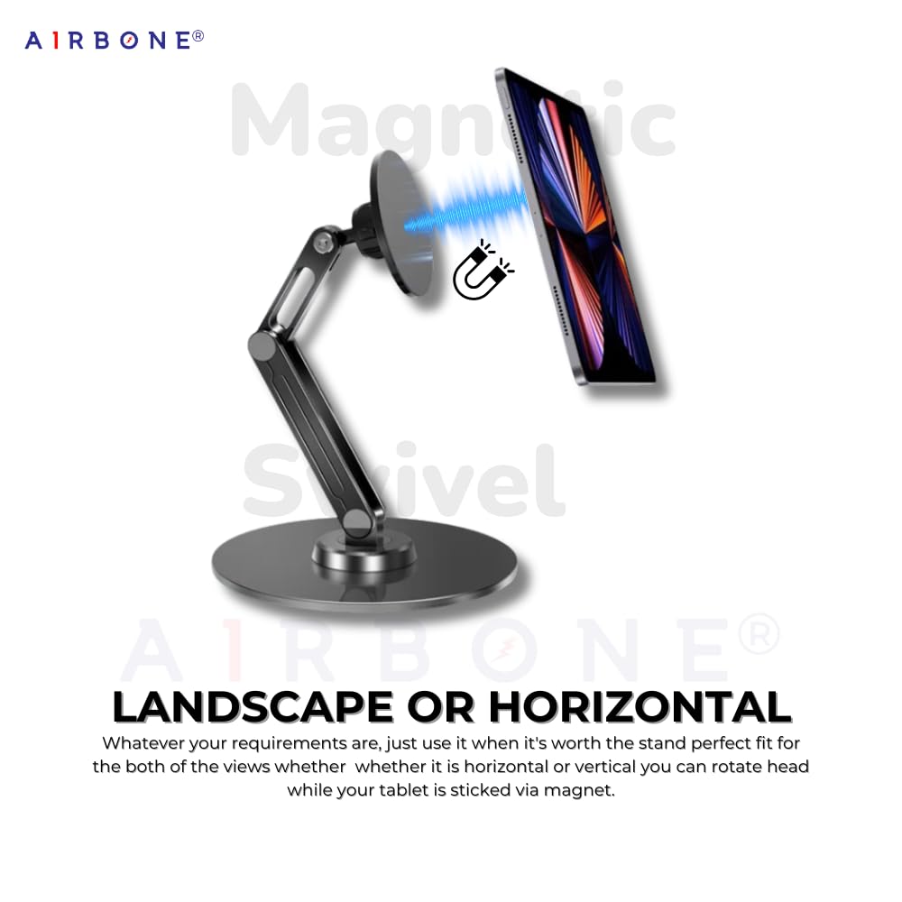 AIRBONE 360° Tablet Stand for iPhone Tablet or iPad Pro up to 13 inch Aluminum Alloy Boom Arm Adjustable Tablet Stand for Desk, Suitable for Your Home, Office, Classroom, and Creative Space (Black)