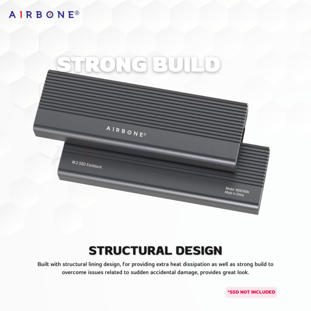 AIRBONE Slim Stick Duo SATA & NVMe up to 10Gbps SSD Enclosure | USB 3.1 Type-C | Supports SATA and M.2 NVMe 2230/2242/2260/2280 B+M/M-Key up to 4TB | Aluminium Build for Cooling | 2818SN Model