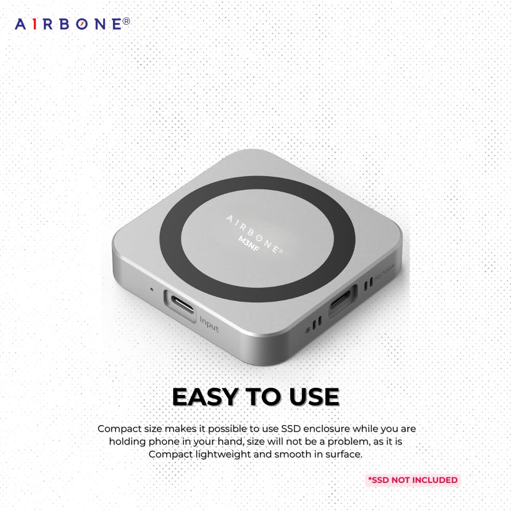 AIRBONE Snap & CoolPD 10Gbps SSD Enclosure | USB 3.1 Type-C, PD 100W Charging | Supports 2230/2242 M.2 NVMe B+M/M-Key up to 4TB | Aluminium Build & Fan Cooling | Magnetic Snap | M3NF Model