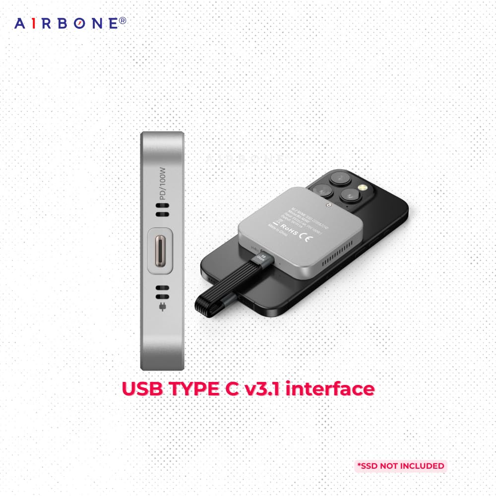 AIRBONE Snap & CoolPD 10Gbps SSD Enclosure | USB 3.1 Type-C, PD 100W Charging | Supports 2230/2242 M.2 NVMe B+M/M-Key up to 4TB | Aluminium Build & Fan Cooling | Magnetic Snap | M3NF Model