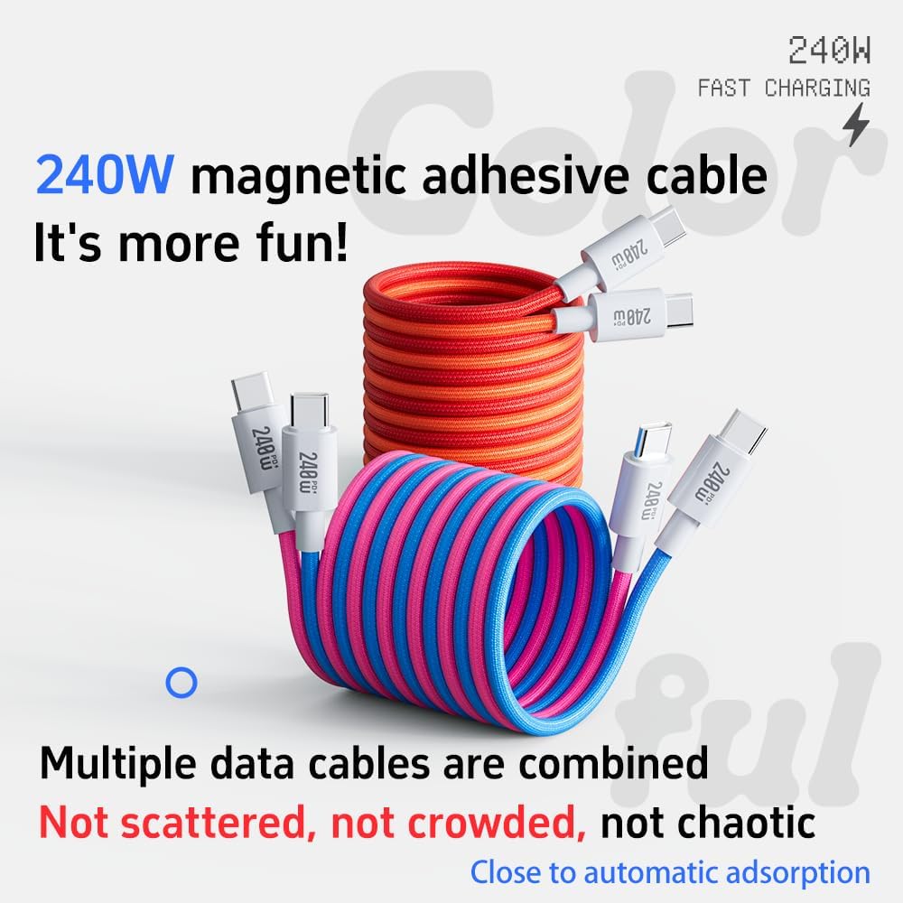 AIRBONE Magnetic Braided Cable USB-C to USB-C Charging Cable Easily Foldable Loop with Flexible Magnet Coil up to 240W PD3.1 Fast Charging 480Mbps Data Transfer (1m) - 1 Pack (Orange)