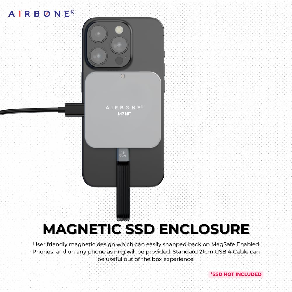 AIRBONE Snap & CoolPD 10Gbps SSD Enclosure | USB 3.1 Type-C, PD 100W Charging | Supports 2230/2242 M.2 NVMe B+M/M-Key up to 4TB | Aluminium Build & Fan Cooling | Magnetic Snap | M3NF Model