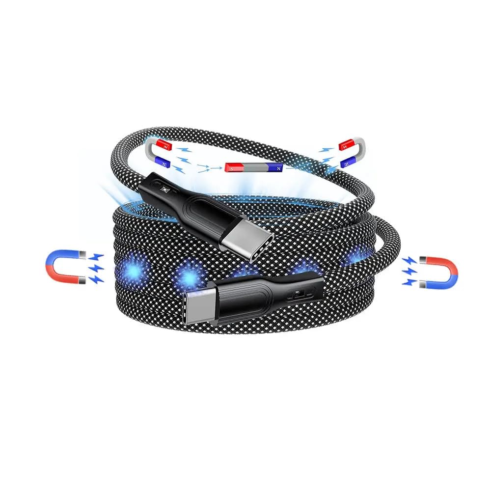 AIRBONE Grey Magnetic Braided Cable USB-C to USB-C Charging Cable | Easily Foldable Loop | Flexible Braided Magnet Coil | Power Delivery Up To 65W Max and 480Mbps Data Transfer Speed (2 Units of 1M)