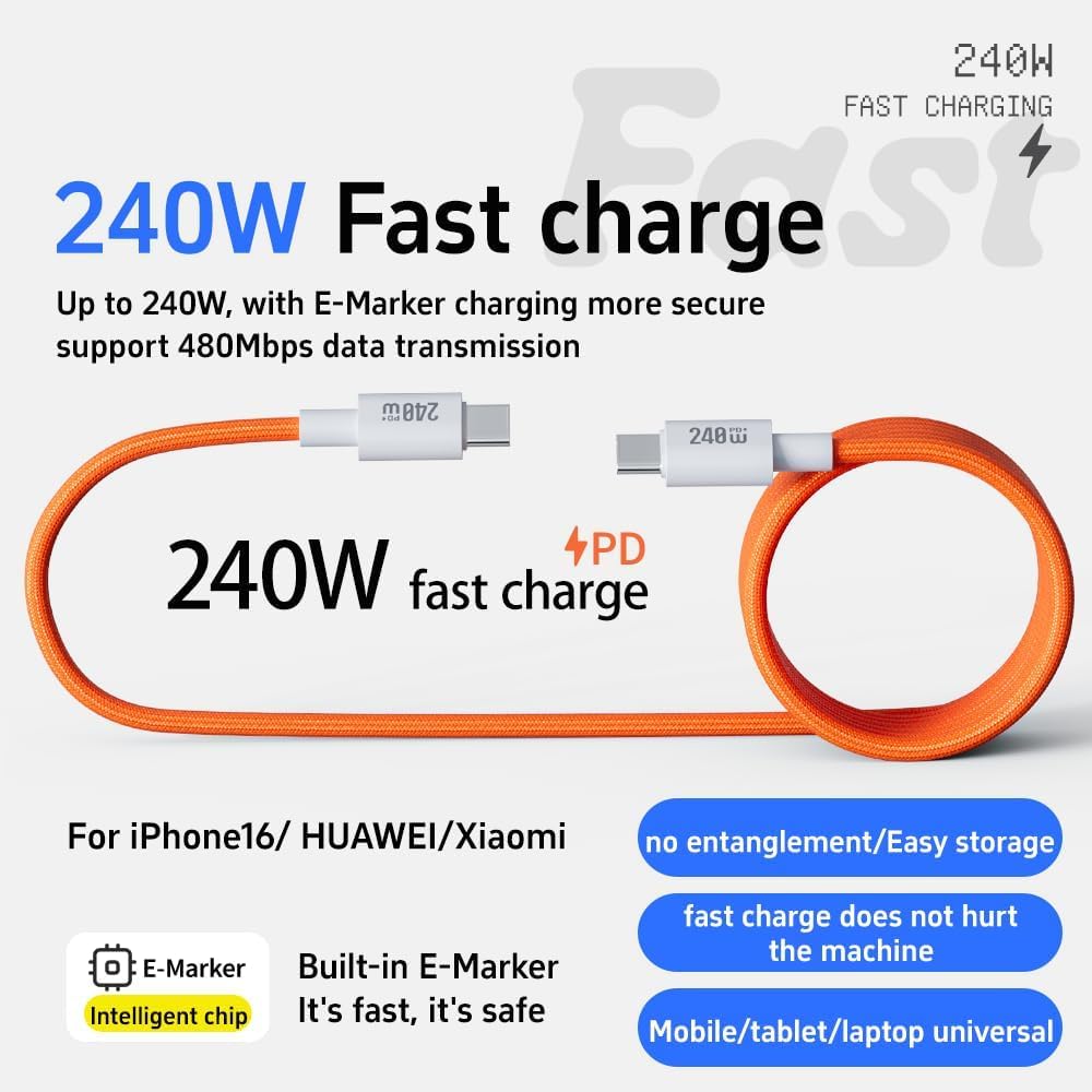 AIRBONE Magnetic Braided Cable USB-C to USB-C Charging Cable Easily Foldable Loop with Flexible Magnet Coil up to 240W PD3.1 Fast Charging 480Mbps Data Transfer (1m) - 2 Pack (Orange)