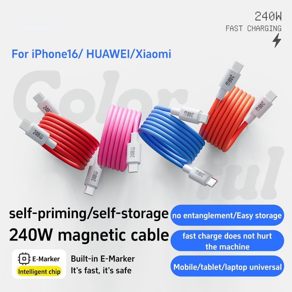 AIRBONE Magnetic Braided Cable USB-C to USB-C Charging Cable Easily Foldable Loop with Flexible Magnet Coil up to 240W PD3.1 Fast Charging 480Mbps Data Transfer (1m) - 2 Pack (Red)