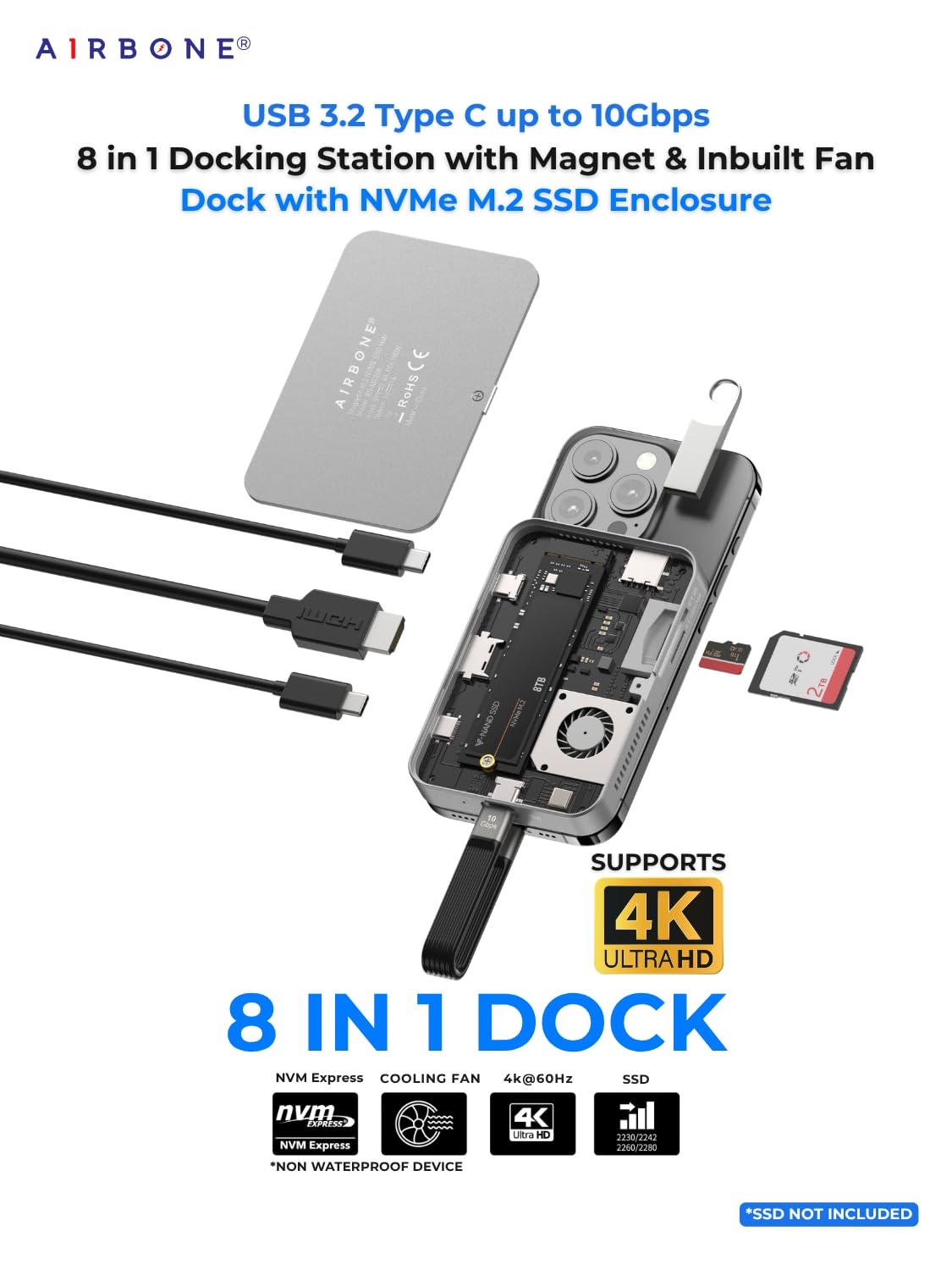 AIRBONE SnapOn Dock 8-in-1 SSD Enclosure Docking Station with Fan | SD/TF Card Readers, USB-A & C v3.2, HDMI 4K@60Hz, PD100W | Supports 2230/2242/2260/2280 M.2 NVMe B+M/M-Key up to 8TB | MC806 Model