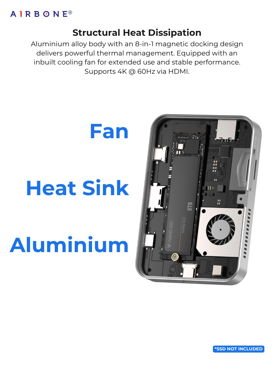 AIRBONE SnapOn Dock 8-in-1 SSD Enclosure Docking Station with Fan | SD/TF Card Readers, USB-A & C v3.2, HDMI 4K@60Hz, PD100W | Supports 2230/2242/2260/2280 M.2 NVMe B+M/M-Key up to 8TB | MC806 Model