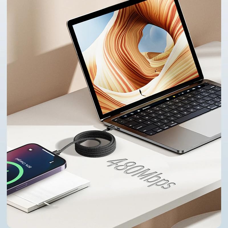AIRBONE Grey Magnetic Braided Cable USB-C to USB-C Charging Cable | Easily Foldable Loop | Flexible Braided Magnet Coil | Power Delivery Up to 65W Max and 480Mbps Data Transfer Speed (1 Unit of 1M)