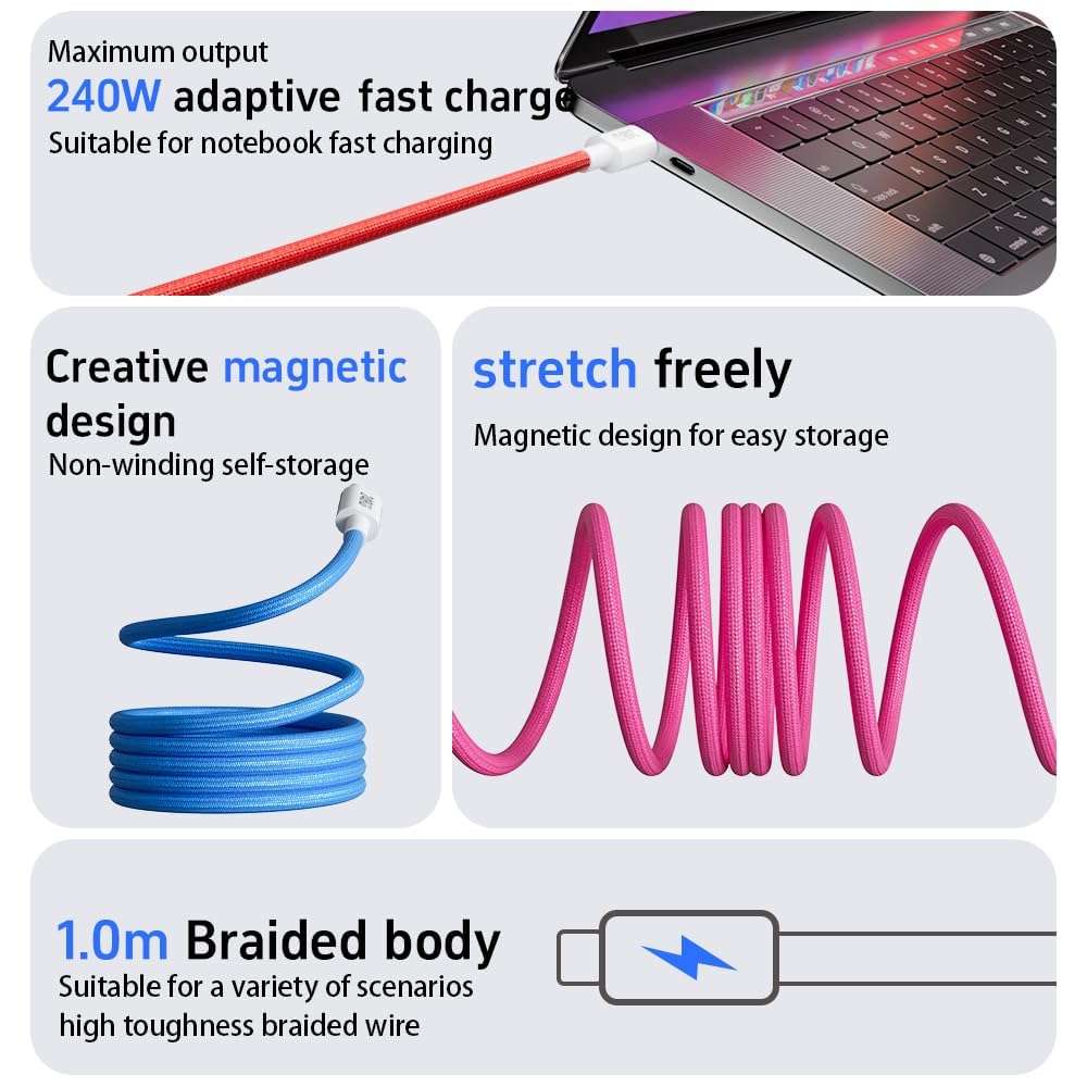 AIRBONE Magnetic Braided Cable USB-C to USB-C Charging Cable Easily Foldable Loop with Flexible Magnet Coil Support up to 240W PD3.1 Variations Fast Charging 480Mbps Data Transfer (1m) 1 Pack - (Pink)