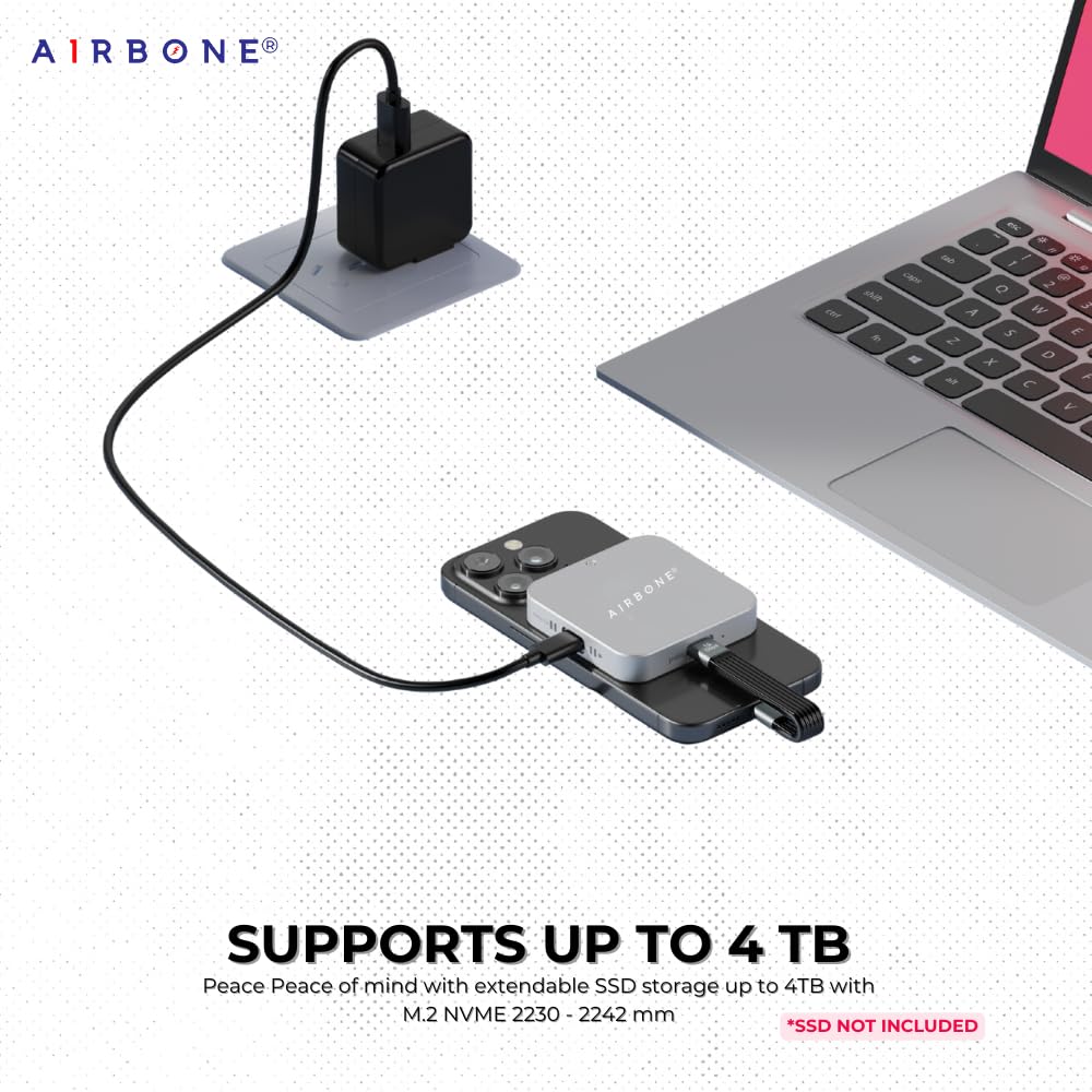 AIRBONE Snap & CoolPD 10Gbps SSD Enclosure | USB 3.1 Type-C, PD 100W Charging | Supports 2230/2242 M.2 NVMe B+M/M-Key up to 4TB | Aluminium Build & Fan Cooling | Magnetic Snap | M3NF Model