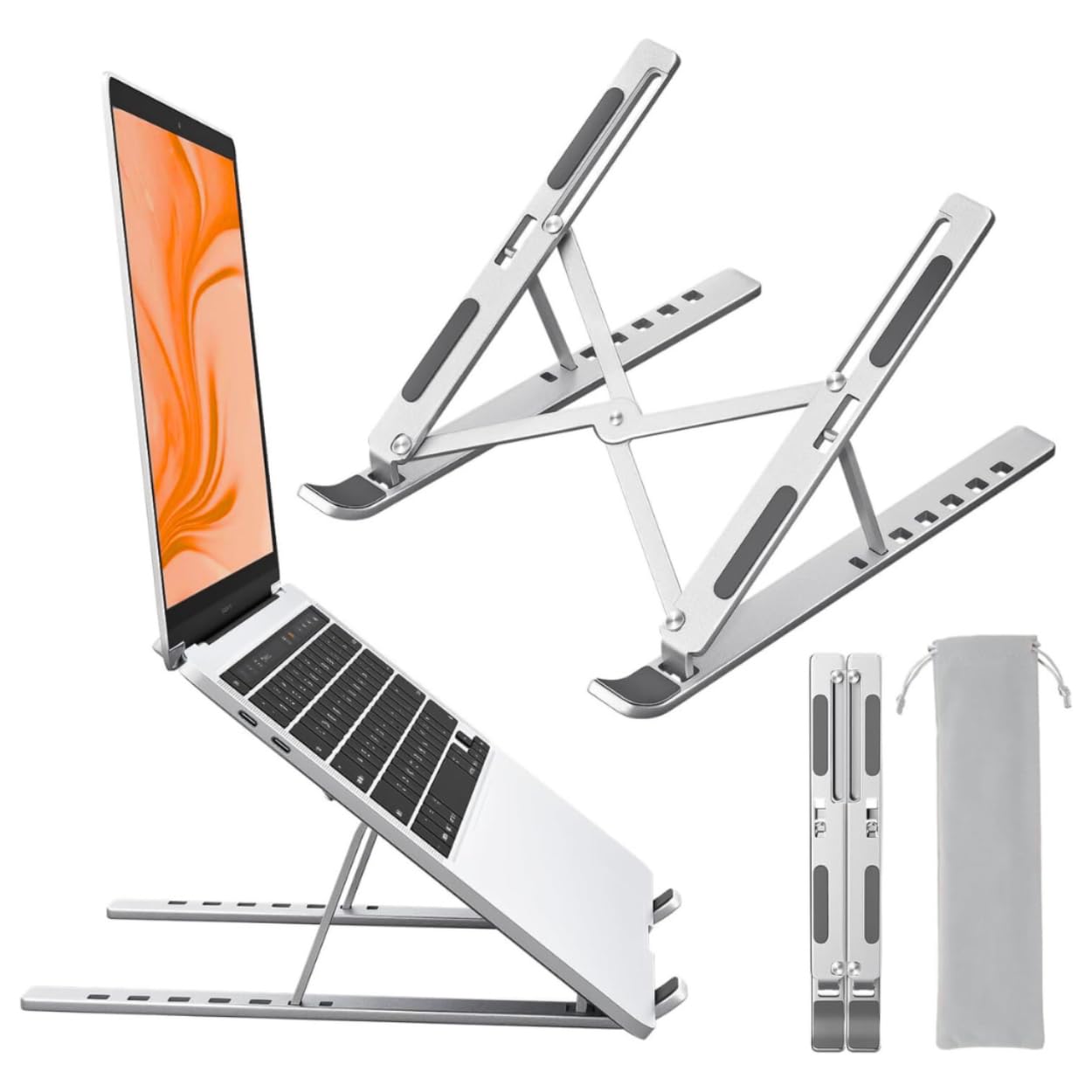 AIRBONE Pocket Stand, iPad Tablet Stand, Book Stand, Laptop Stand for Desk, Adjustable 6-Level Laptop Riser, Lightweight Travel-Friendly for Laptops Up to 16 Inches, Pocket-Friendly (Silver)