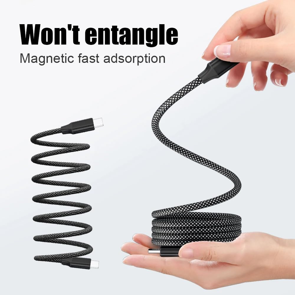 AIRBONE Grey Magnetic Braided Cable USB-C to USB-C Charging Cable | Easily Foldable Loop | Flexible Braided Magnet Coil | Power Delivery Up To 65W Max and 480Mbps Data Transfer Speed (2 Units of 1M)