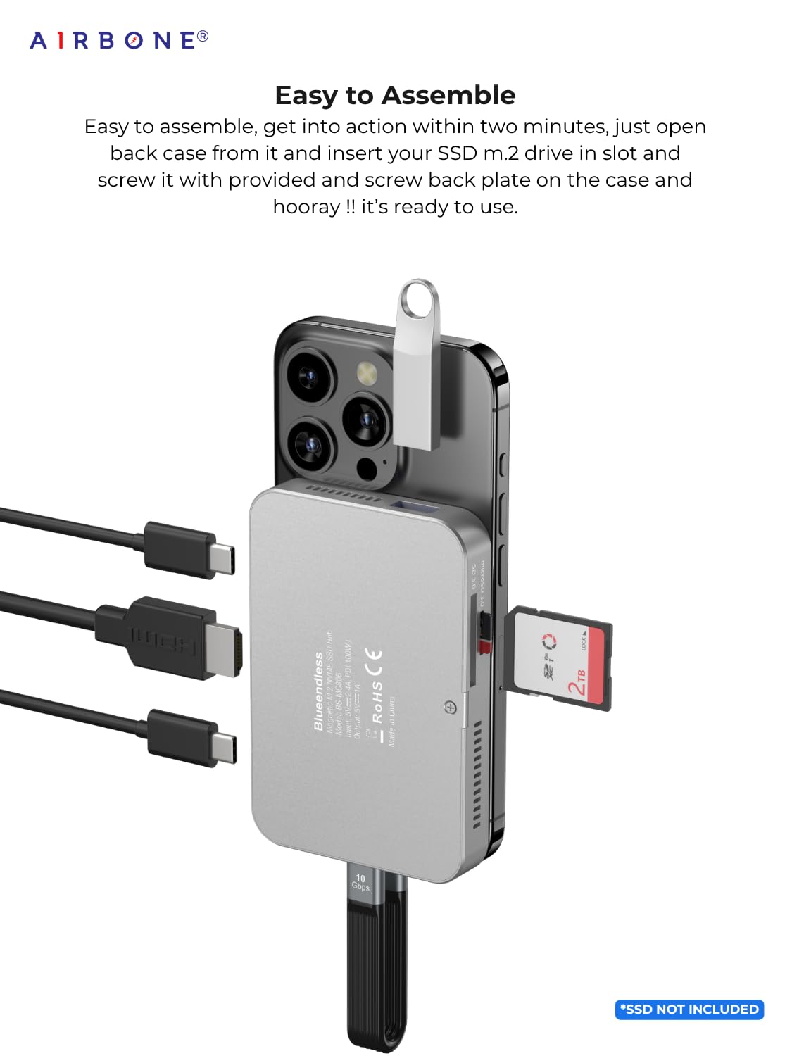 AIRBONE SnapOn Dock 8-in-1 SSD Enclosure Docking Station with Fan | SD/TF Card Readers, USB-A & C v3.2, HDMI 4K@60Hz, PD100W | Supports 2230/2242/2260/2280 M.2 NVMe B+M/M-Key up to 8TB | MC806 Model