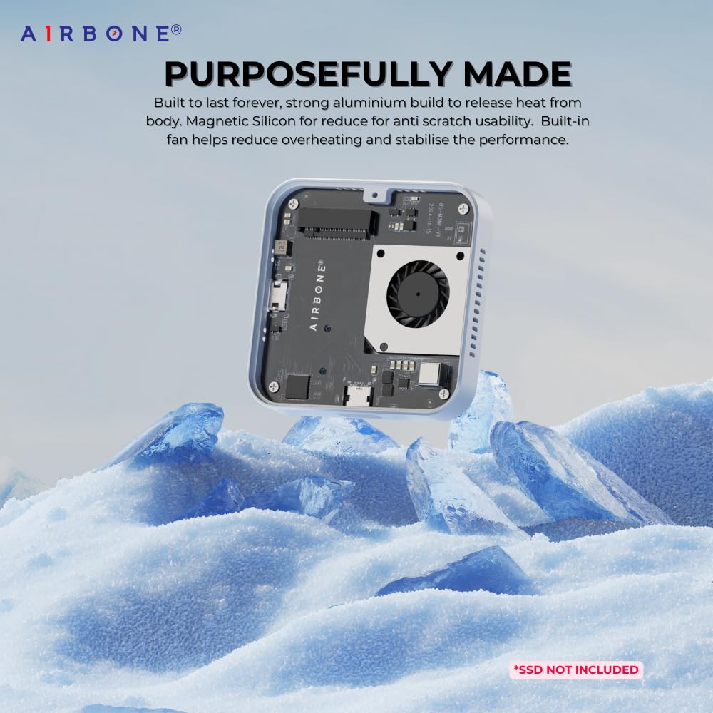 AIRBONE Snap & CoolPD 10Gbps SSD Enclosure | USB 3.1 Type-C, PD 100W Charging | Supports 2230/2242 M.2 NVMe B+M/M-Key up to 4TB | Aluminium Build & Fan Cooling | Magnetic Snap | M3NF Model