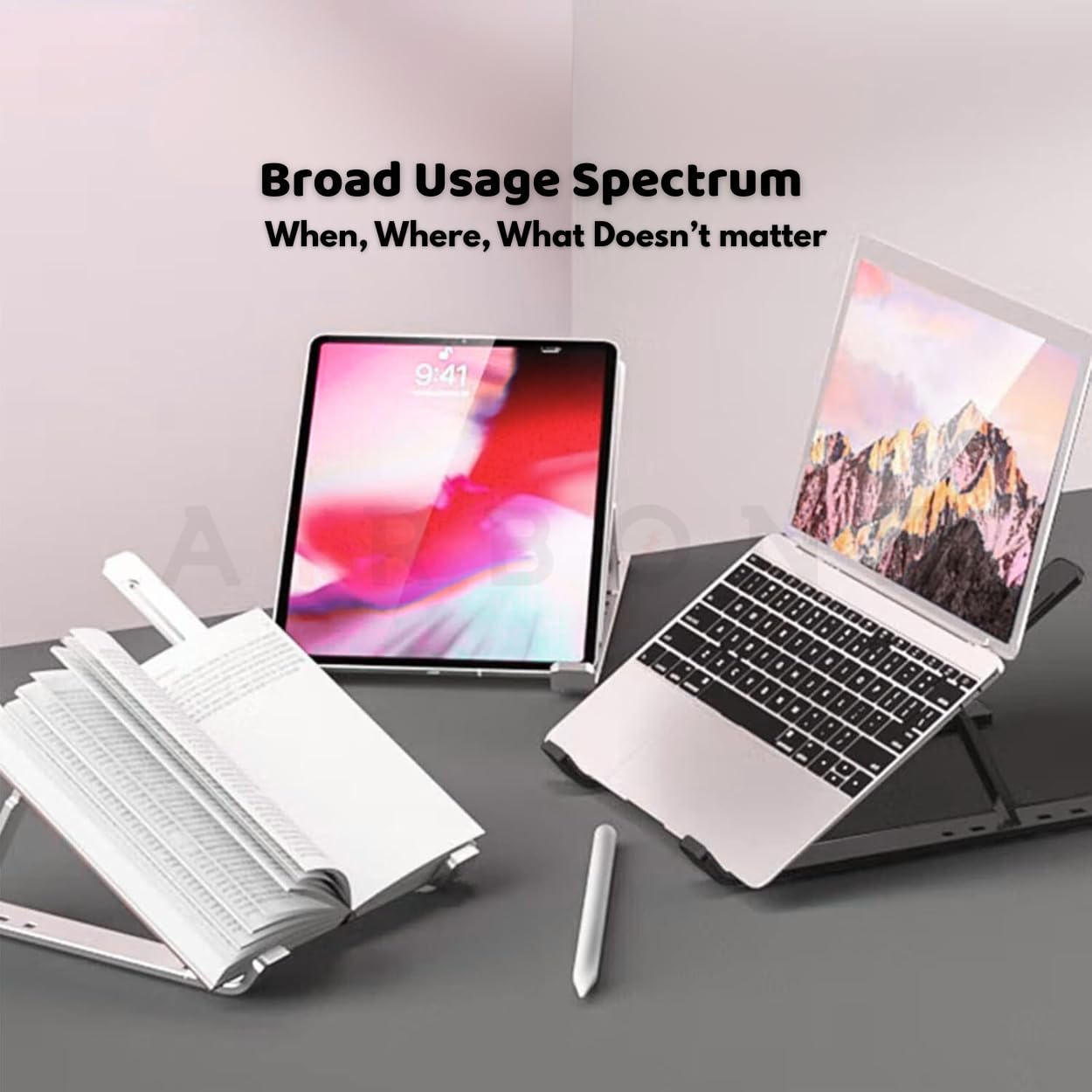 AIRBONE Pocket Stand, iPad Tablet Stand, Book Stand, Laptop Stand for Desk, Adjustable 6-Level Laptop Riser, Lightweight Travel-Friendly for Laptops Up to 16 Inches, Pocket-Friendly (Silver)