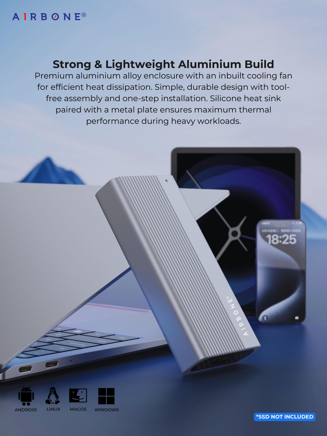AIRBONE SwiftX 40Gbps Thunderbolt 4 SSD Enclosure | USB 4 Type-C | Supports 2230/2242/2260/2280 M.2 NVMe B+M/M-Key up to 8TB | Aluminium Build & Fan Cooling | M280U4C Model