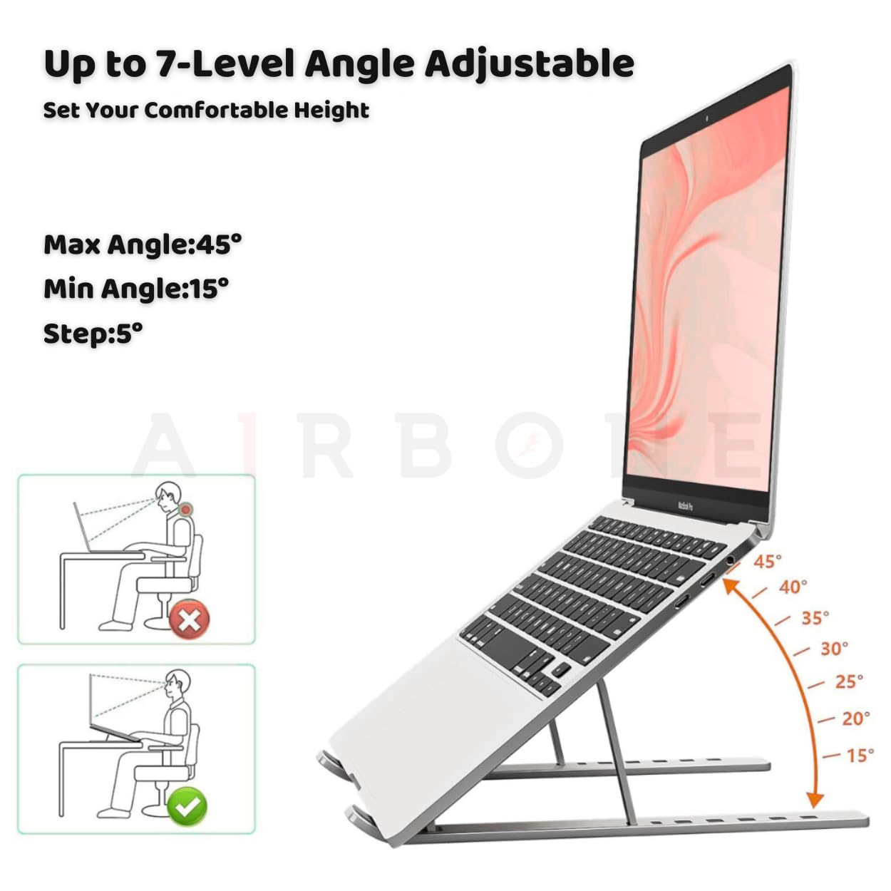 AIRBONE Pocket Stand, iPad Tablet Stand, Book Stand, Laptop Stand for Desk, Adjustable 6-Level Laptop Riser, Lightweight Travel-Friendly for Laptops Up to 16 Inches, Pocket-Friendly (Silver)