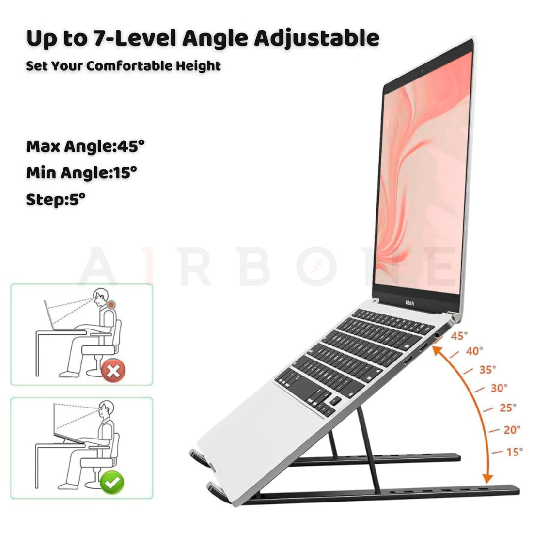 AIRBONE Pocket Stand, iPad Tablet Stand, Book Stand, Laptop Stand for Desk, Adjustable 6-Level Laptop Riser, Lightweight Travel-Friendly for Laptops Up to 16 Inches, Pocket-Friendly (Black)