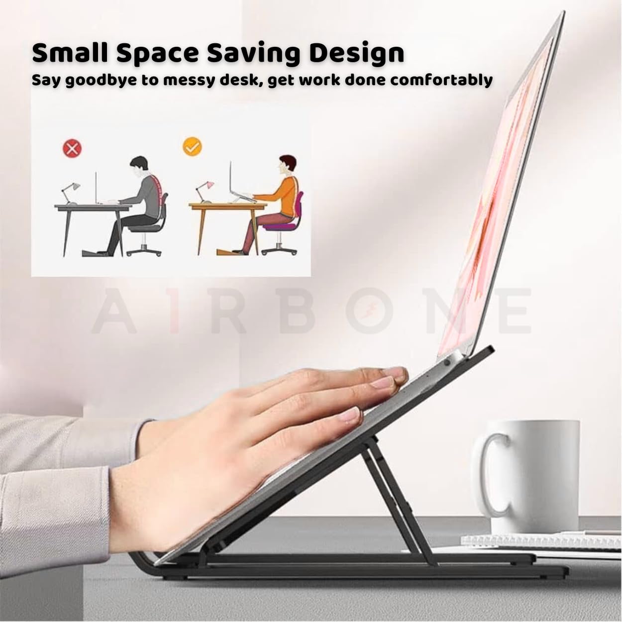 AIRBONE Pocket Stand, iPad Tablet Stand, Book Stand, Laptop Stand for Desk, Adjustable 6-Level Laptop Riser, Lightweight Travel-Friendly for Laptops Up to 16 Inches, Pocket-Friendly (Black)