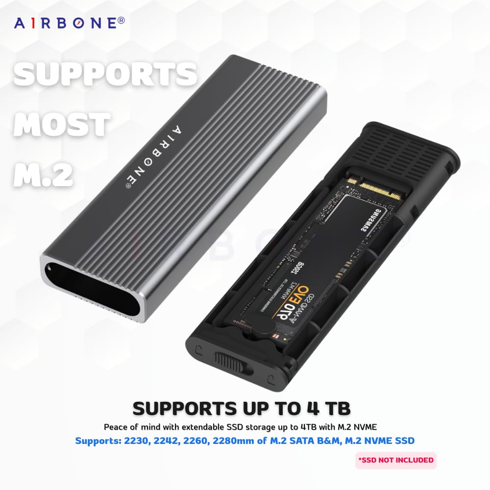 AIRBONE Slim Stick Duo SATA & NVMe up to 10Gbps SSD Enclosure | USB 3.1 Type-C | Supports SATA and M.2 NVMe 2230/2242/2260/2280 B+M/M-Key up to 4TB | Aluminium Build for Cooling | 2818SN Model