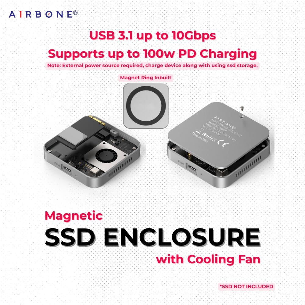 AIRBONE Snap & CoolPD 10Gbps SSD Enclosure | USB 3.1 Type-C, PD 100W Charging | Supports 2230/2242 M.2 NVMe B+M/M-Key up to 4TB | Aluminium Build & Fan Cooling | Magnetic Snap | M3NF Model