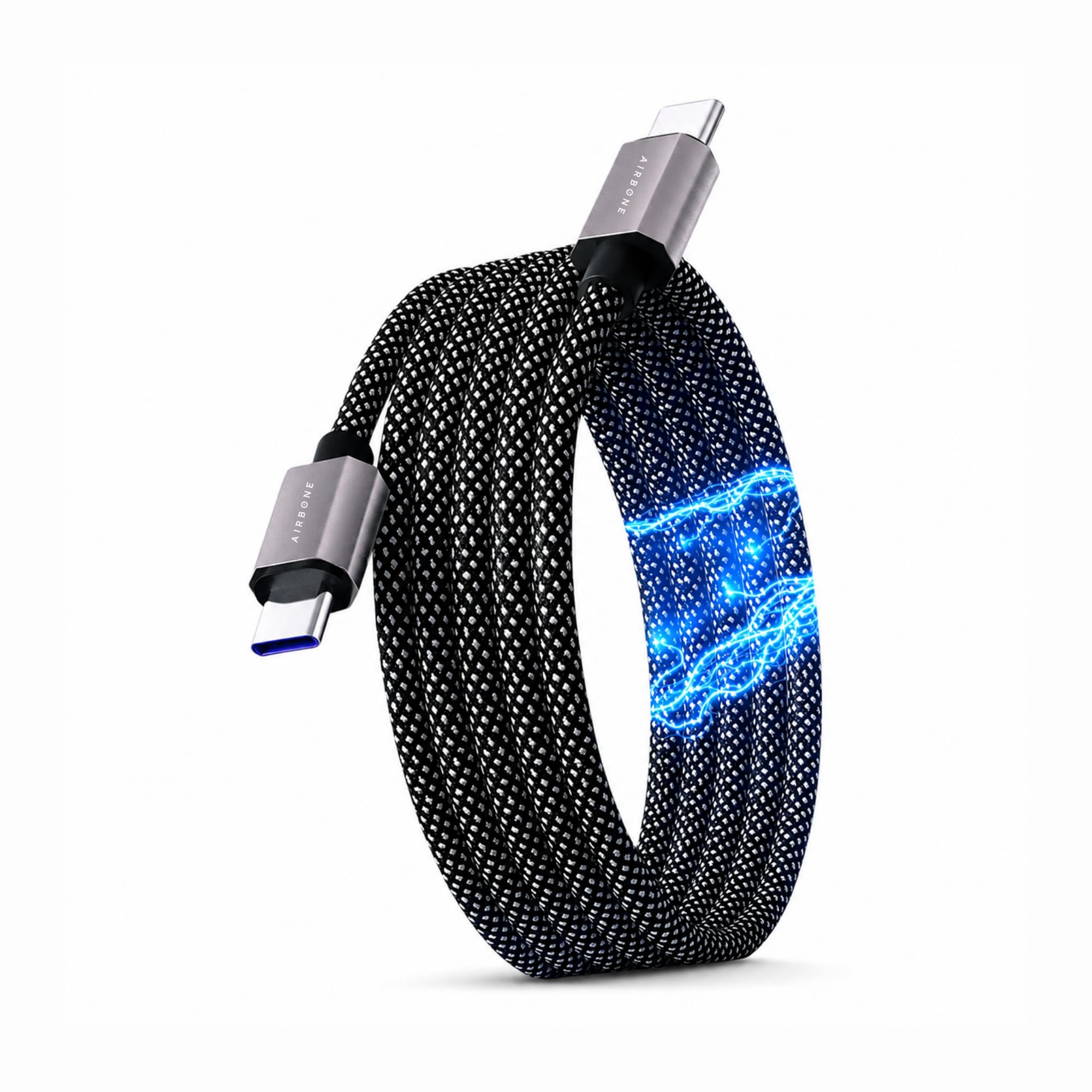 AIRBONE Grey Magnetic Braided Cable USB-C to USB-C Charging Cable | Easily Foldable Loop | Flexible Braided Magnet Coil | Power Delivery Up to 65W Max and 480Mbps Data Transfer Speed (1 Unit of 1M)