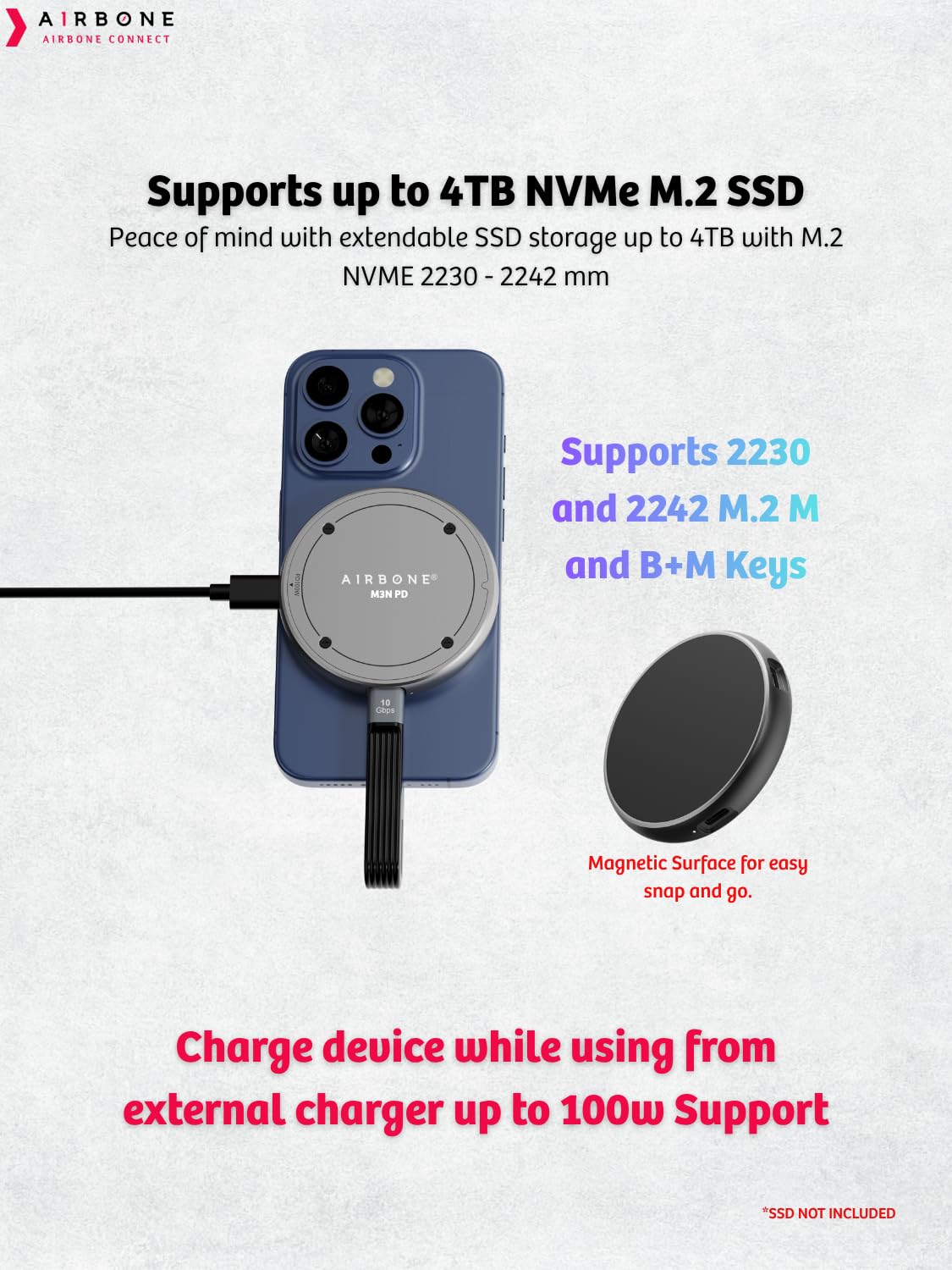 AIRBONE Snap & Charge 10Gbps SSD Enclosure | USB 3.1 Type-C with 100W PD | Supports 2230/2242 M.2 NVMe B+M/M-Key up to 4TB | Aluminium Build for Cooling | Magnetic Snap | M3N-PD Model