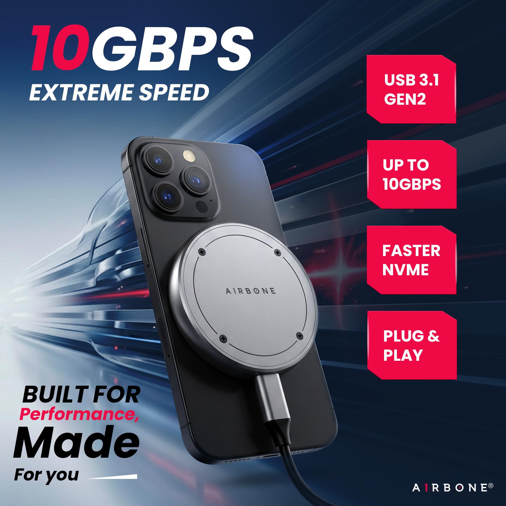 AIRBONE Snap & Go 10Gbps SSD Enclosure | USB 3.1 Type-C SSD Case | Supports 2230/2242 M.2 NVMe B+M/M-Key | Aluminium Build for Cooling | Magnetic Snap | Compatible with USB-C Devices | M3N Model