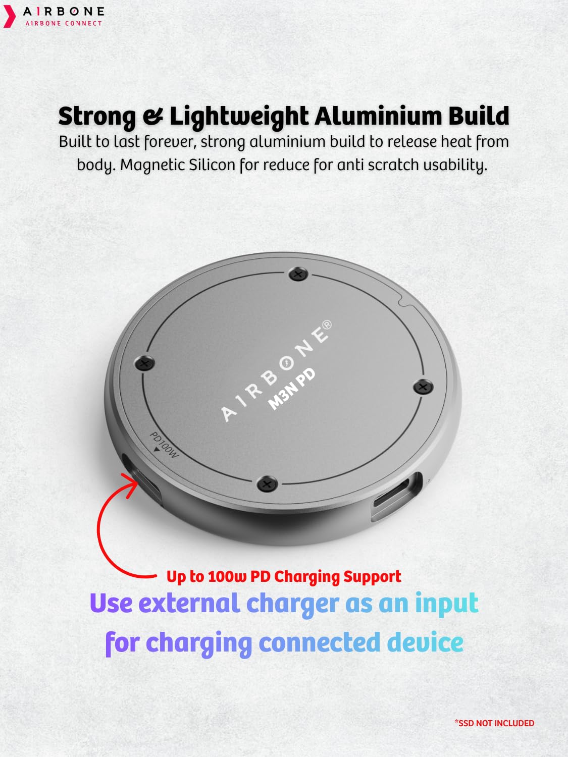 AIRBONE Snap & Charge 10Gbps SSD Enclosure | USB 3.1 Type-C with 100W PD | Supports 2230/2242 M.2 NVMe B+M/M-Key up to 4TB | Aluminium Build for Cooling | Magnetic Snap | M3N-PD Model