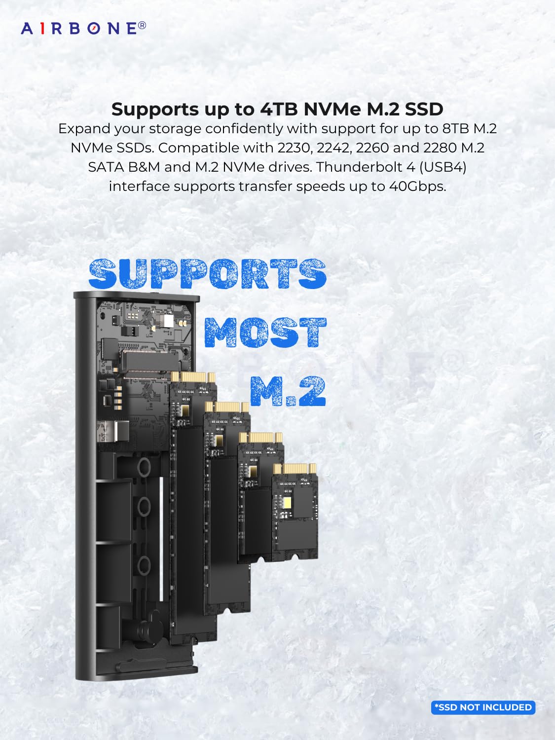 AIRBONE SwiftX 40Gbps Thunderbolt 4 SSD Enclosure | USB 4 Type-C | Supports 2230/2242/2260/2280 M.2 NVMe B+M/M-Key up to 8TB | Aluminium Build & Fan Cooling | M280U4C Model