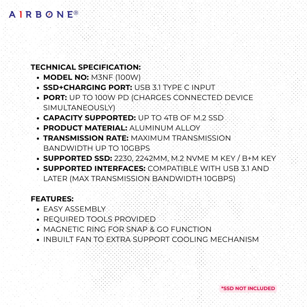 AIRBONE Snap & CoolPD 10Gbps SSD Enclosure | USB 3.1 Type-C, PD 100W Charging | Supports 2230/2242 M.2 NVMe B+M/M-Key up to 4TB | Aluminium Build & Fan Cooling | Magnetic Snap | M3NF Model