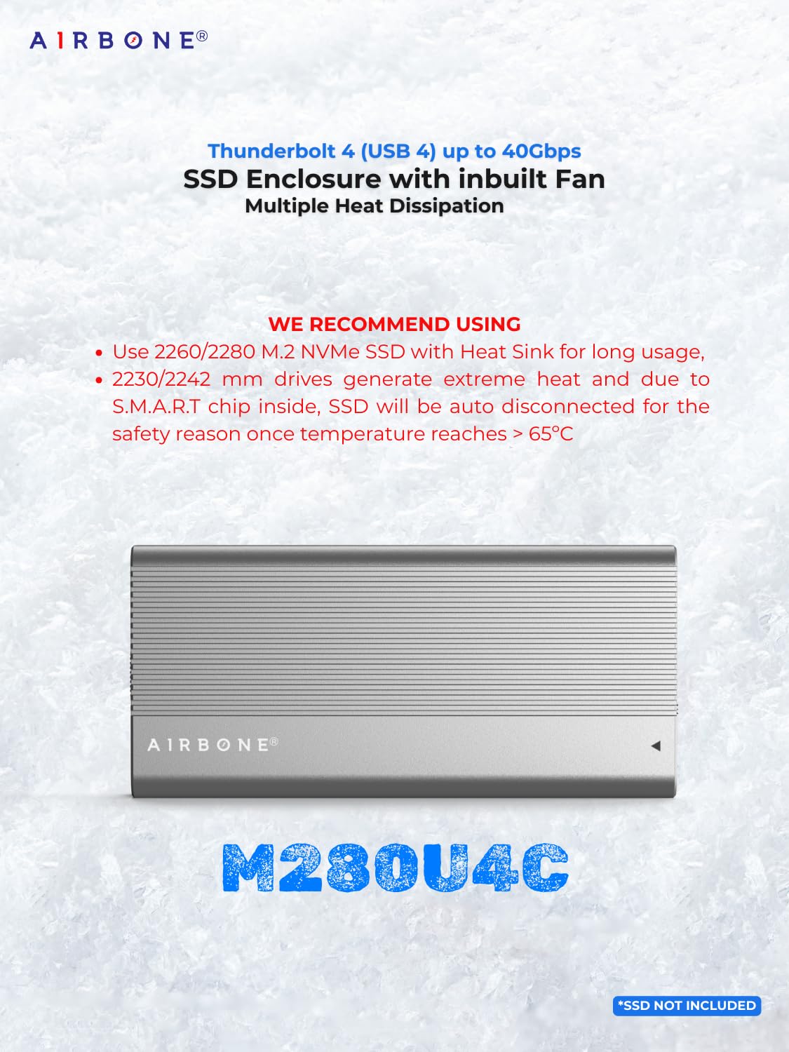 AIRBONE SwiftX 40Gbps Thunderbolt 4 SSD Enclosure | USB 4 Type-C | Supports 2230/2242/2260/2280 M.2 NVMe B+M/M-Key up to 8TB | Aluminium Build & Fan Cooling | M280U4C Model