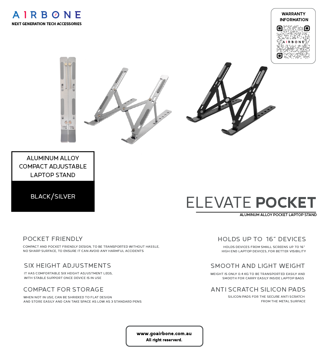 ELEVATE POCKET – Aluminum Alloy Compact Adjustable Laptop Stand - Black